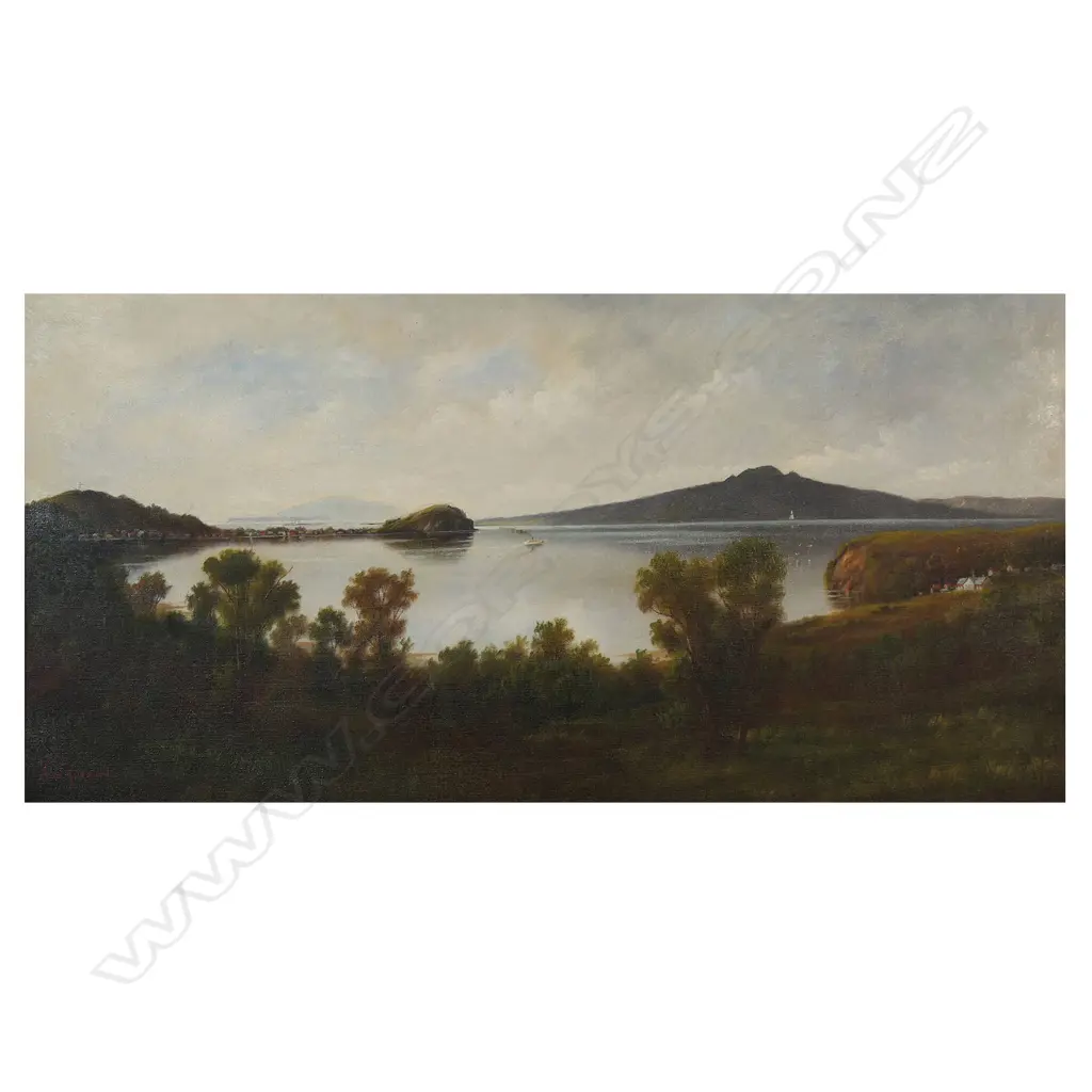 H.W. Kirkwood (1854-1925) Auckland Harbour Devonport and Rangitoto in background, Image 1++