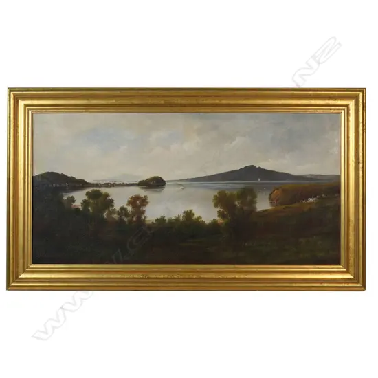 H.W. Kirkwood (1854-1925) Auckland Harbour Devonport and Rangitoto in background,