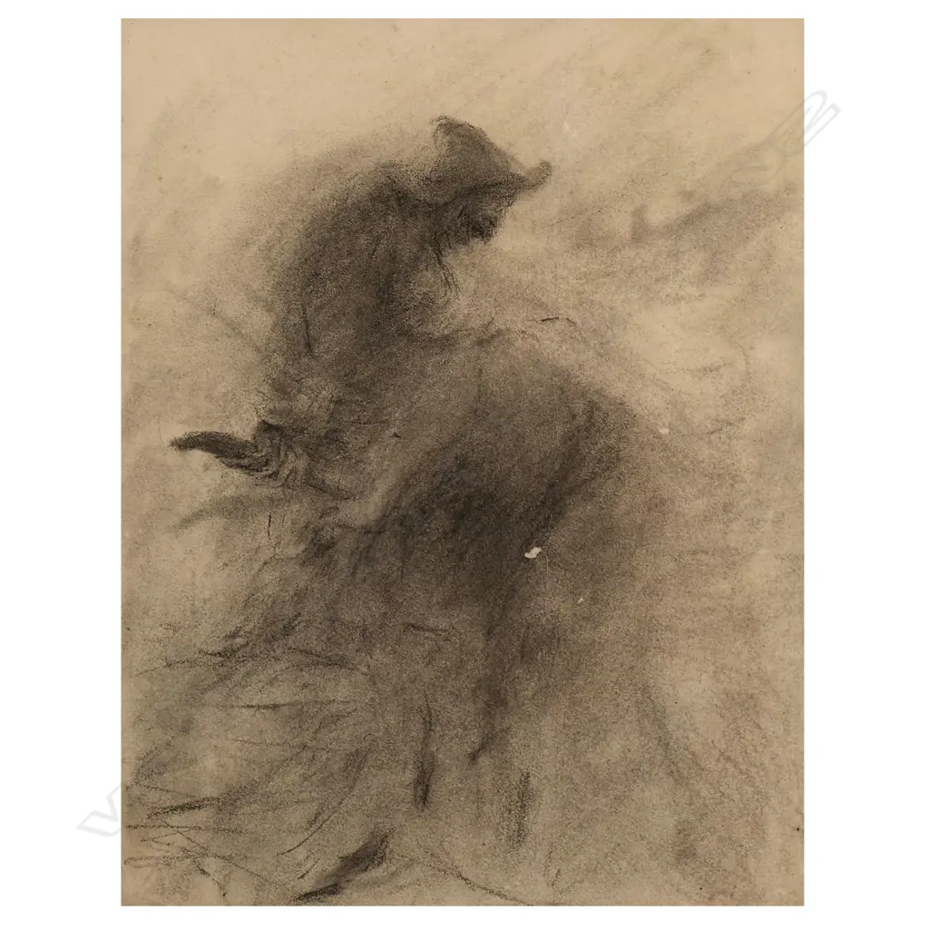 Attr. Petrus Van Der Velden (1837-1913) - Untitled (Cellist), charcoal on paper. Image 1++