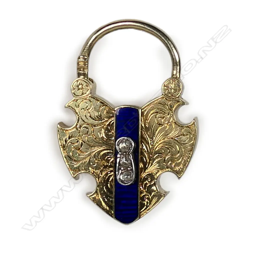 A 19thC 18ct yellow gold diamond and enamelled mourning padlock clasp, Image 1++