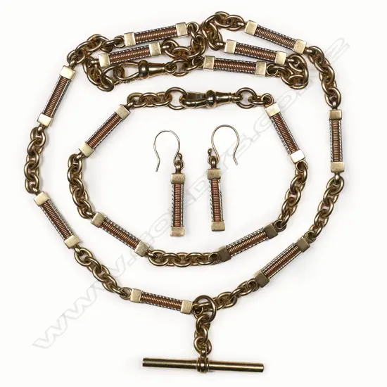 A 9ct gold antique style fob chain, bracelet and earring set,