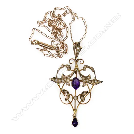 An Edwardian 9ct gold pearl and amethyst pendant,