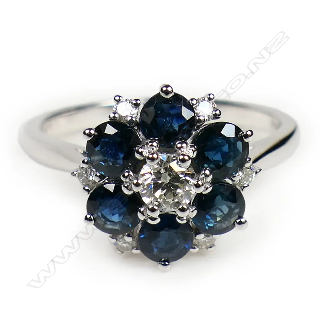 A 14ct white gold sapphire and diamond ring, Image 1++