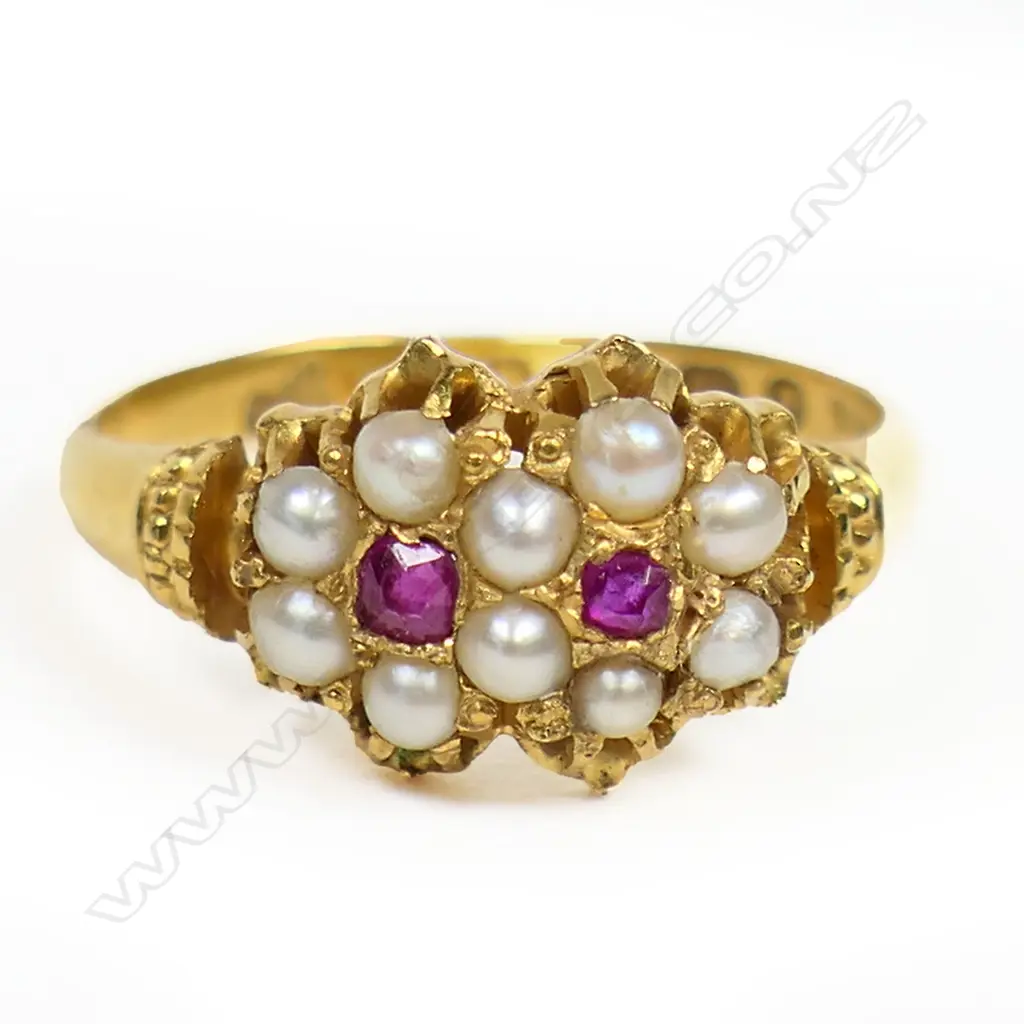 A Victorian 18ct bright yellow gold ruby and seed pearl ring, Image 1++
