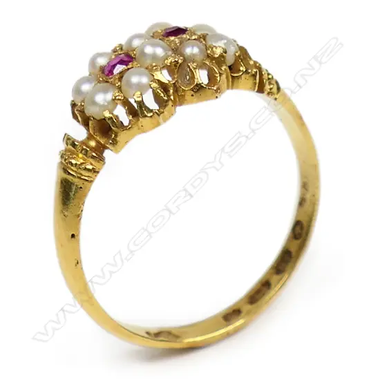 A Victorian 18ct bright yellow gold ruby and seed pearl ring,