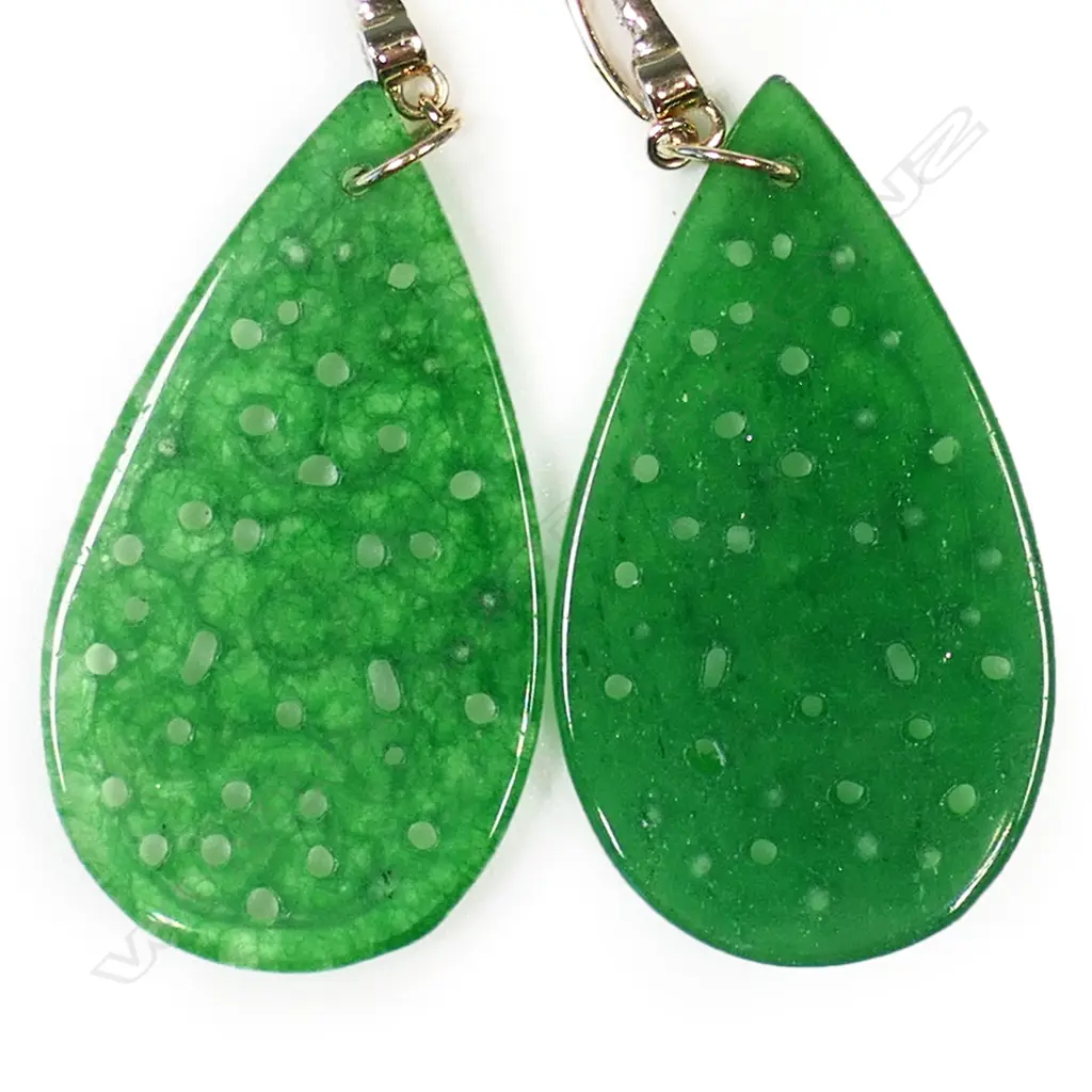 A pair of 14ct gold jade and diamond drop earrings, Image 1++
