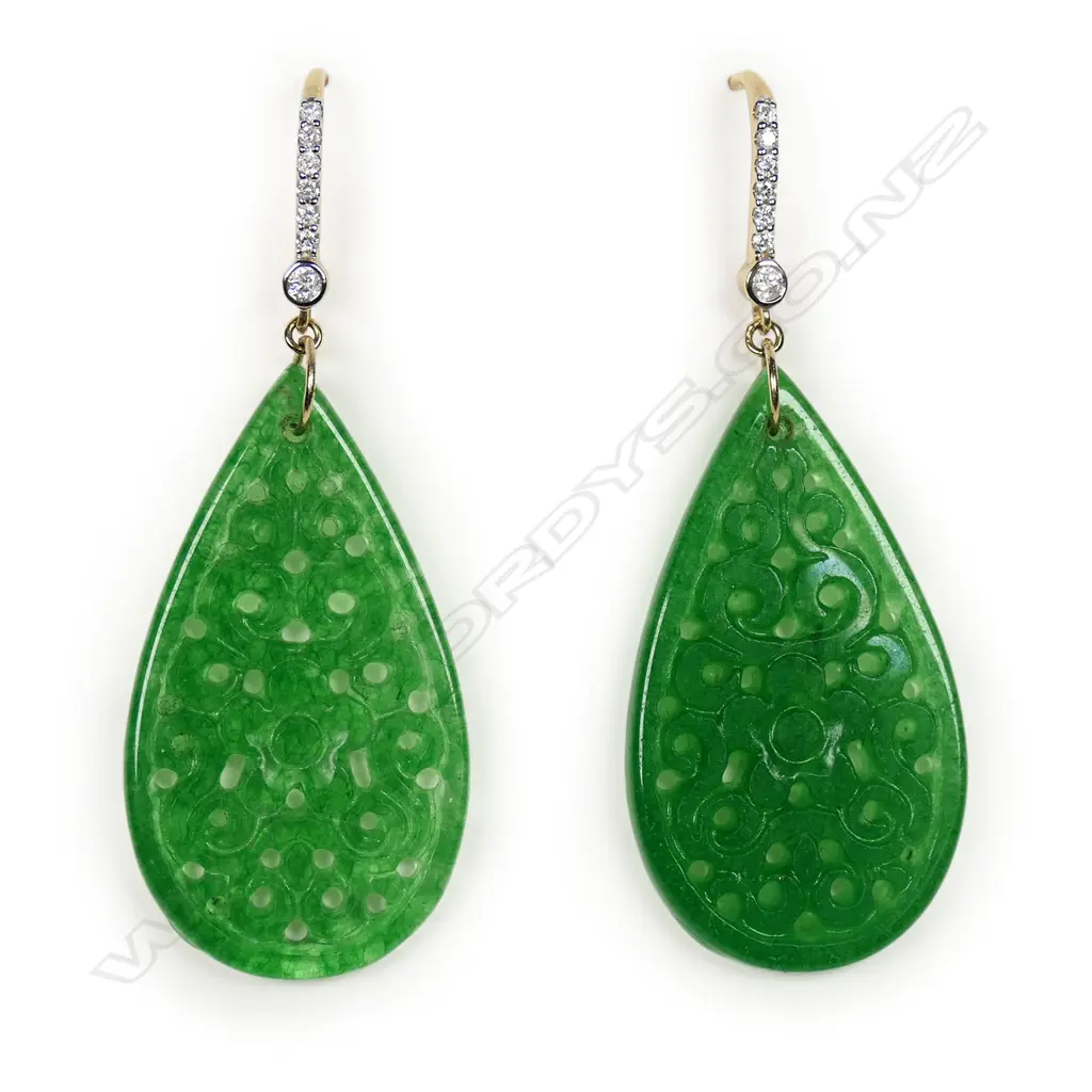 A pair of 14ct gold jade and diamond drop earrings, Image 1++