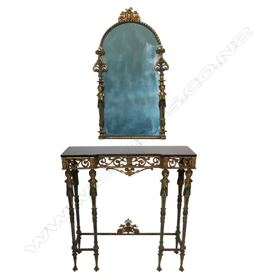 An unusual brass and marble console table and mirror,