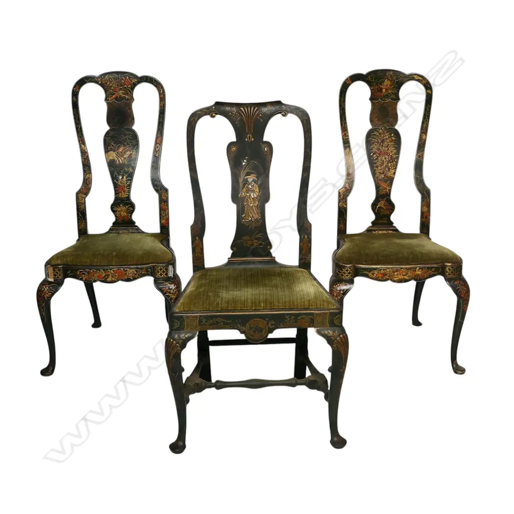 Three vintage chinoiserie dining chairs, Image 1++