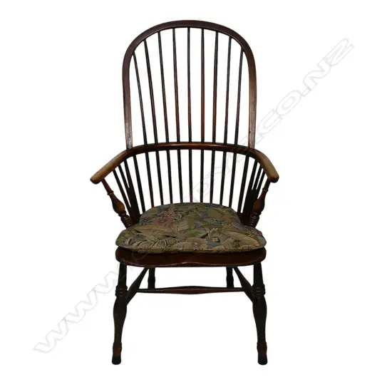 A 19thC elm stick back Windsor armchair,