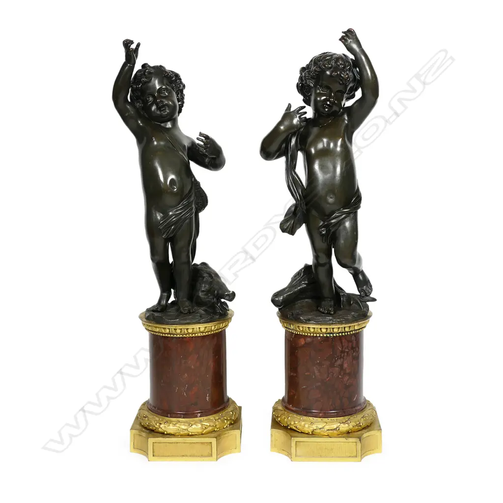A pair of impressive French 19thC bronze and marble cherub sculptures, Image 1++
