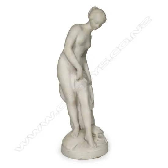 A late 19thC Italian signed carved white marble figure of a naked young woman,