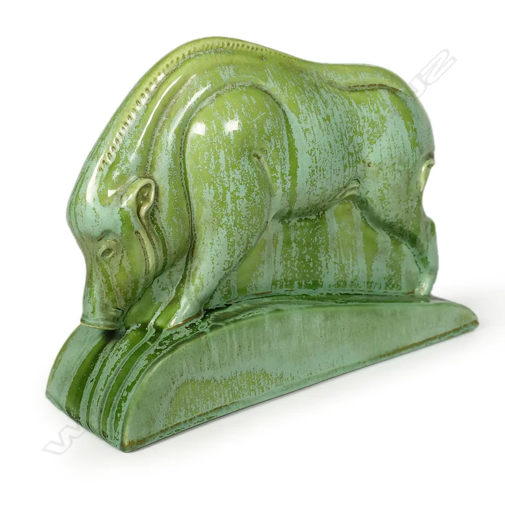 A Clarice Cliff Art Deco green art glaze boar sculpture, Image 1++