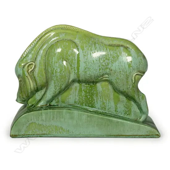 A Clarice Cliff Art Deco green art glaze boar sculpture,