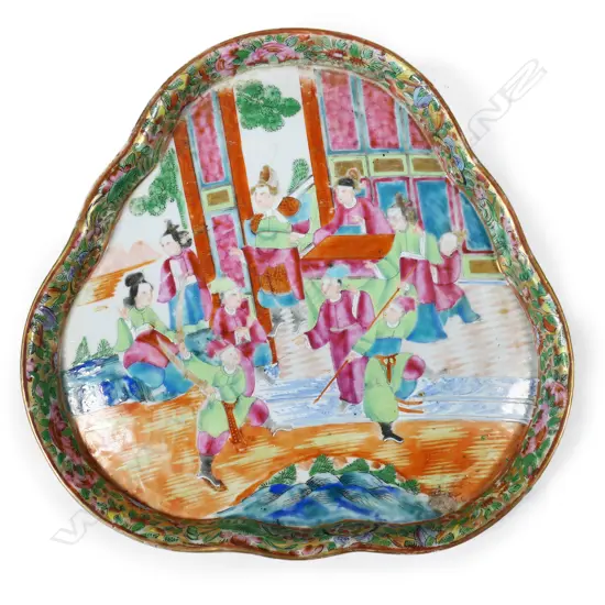 A 19thC Chinese Canton famille rose enamelled shallow shaped platter,
