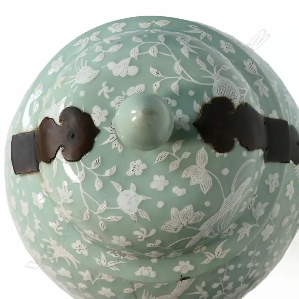A 19thC large celadon porcelain pâte sur pâte ginger jar, Image 1++