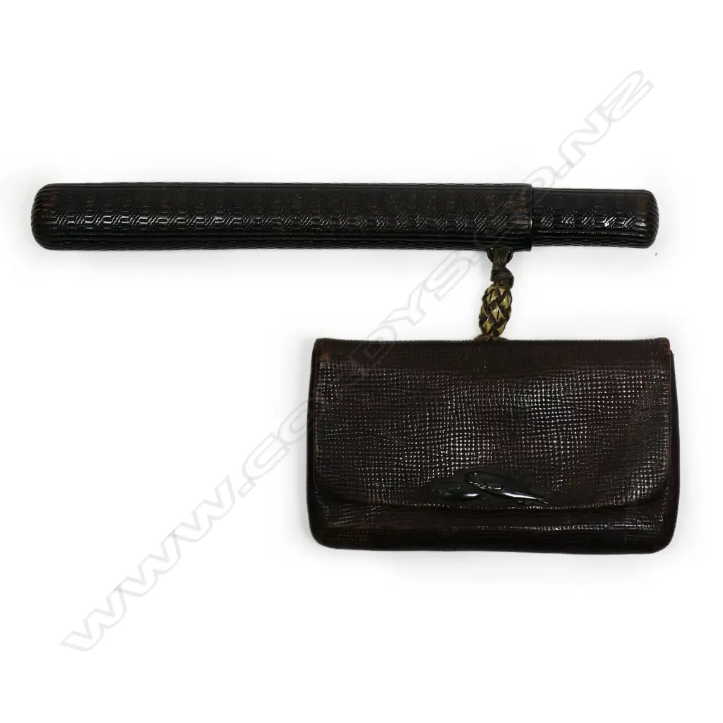 A Japanese Meiji period leather smokers tobacco pouch with pipe in case, Image 1++