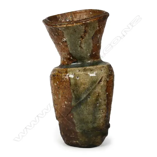 An old Shigaraki pottery glazed wall hanging vase,