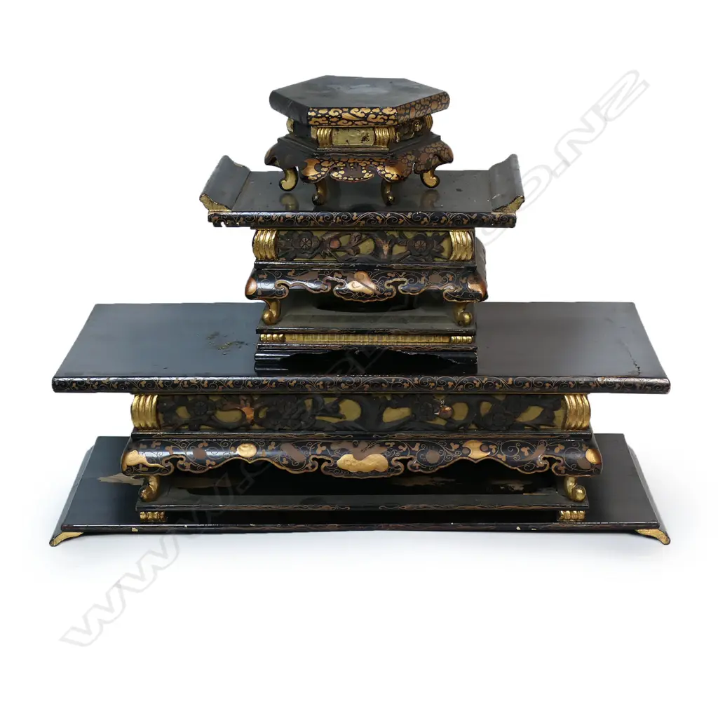 A 19thC Japanese elaborate gold and black lacquer three altar table set, Image 1++
