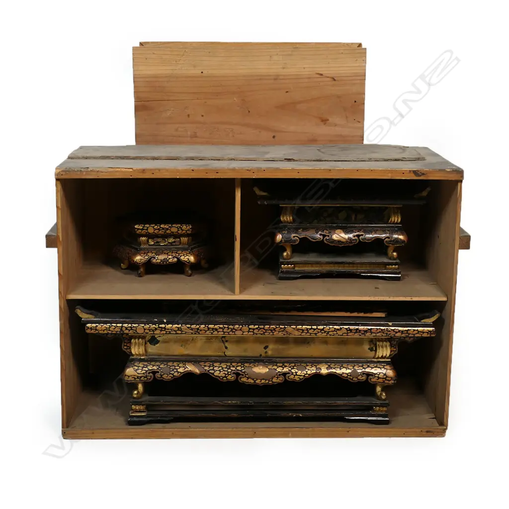 A 19thC Japanese elaborate gold and black lacquer three altar table set, Image 1++