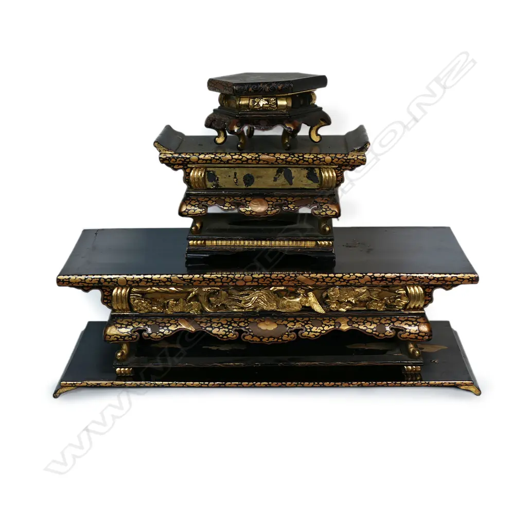 A 19thC Japanese elaborate gold and black lacquer three altar table set, Image 1++