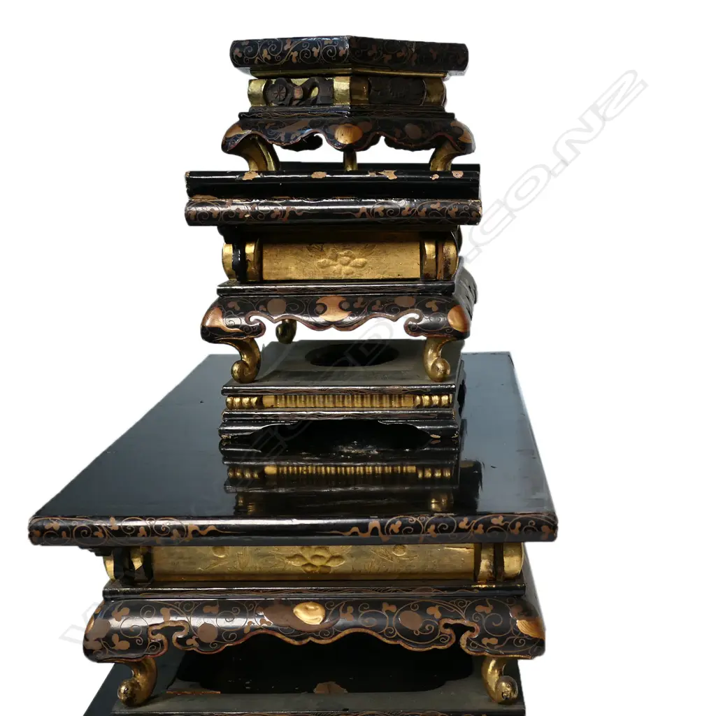 A 19thC Japanese elaborate gold and black lacquer three altar table set, Image 1++