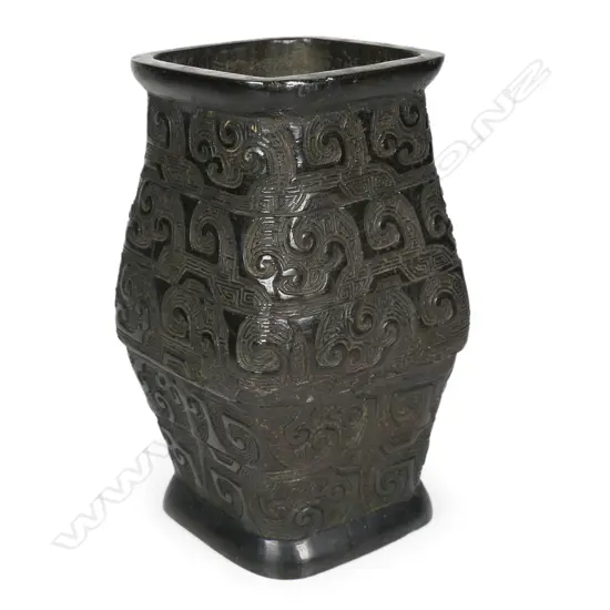 A 19thC oriental bronze decorative square section vase,