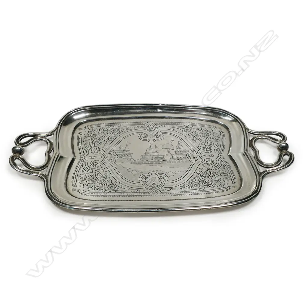 A 19thc Russian engraved silver card tray, Image 1++