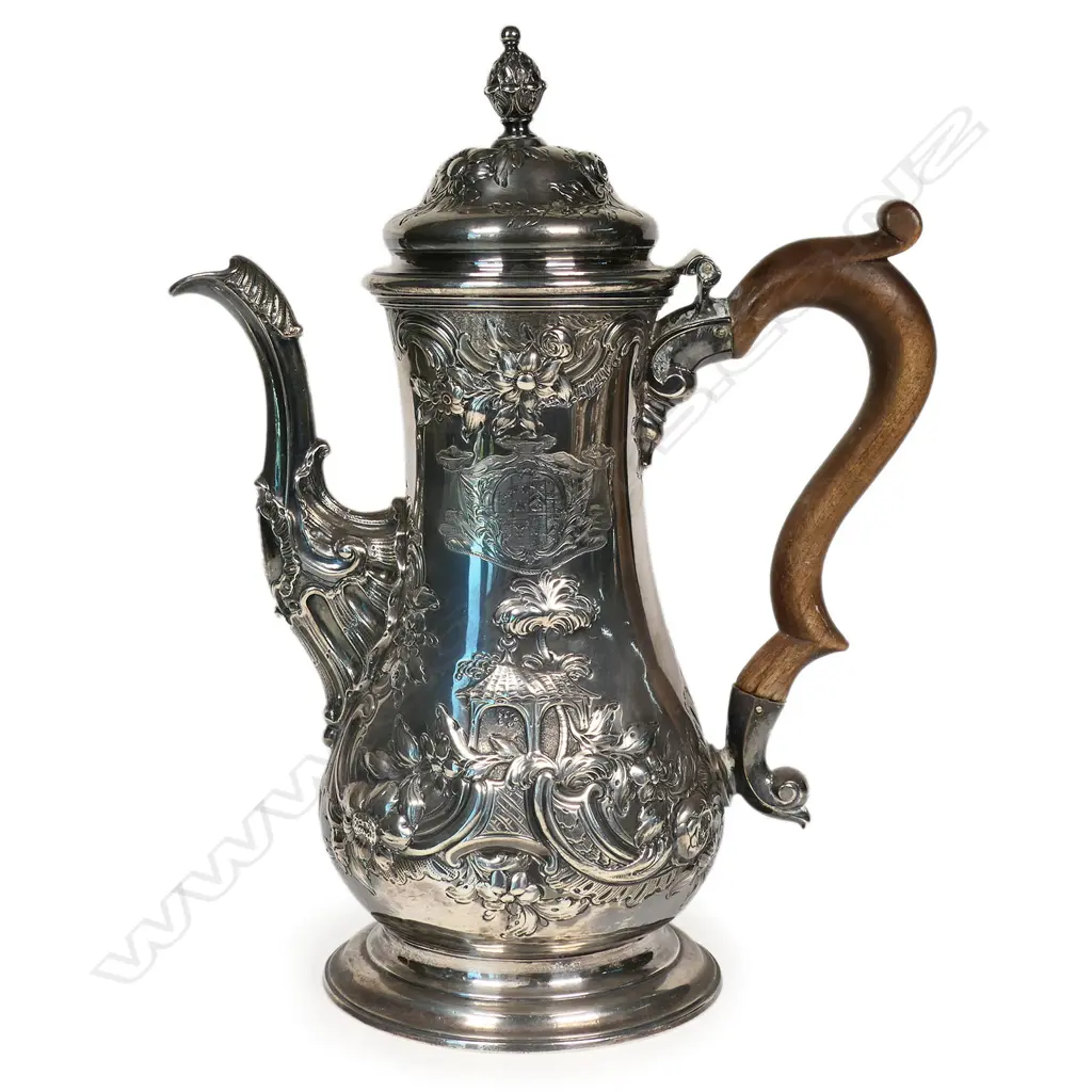 An elegant George III silver decorative Chinese influence rococo coffee pot, Image 1++
