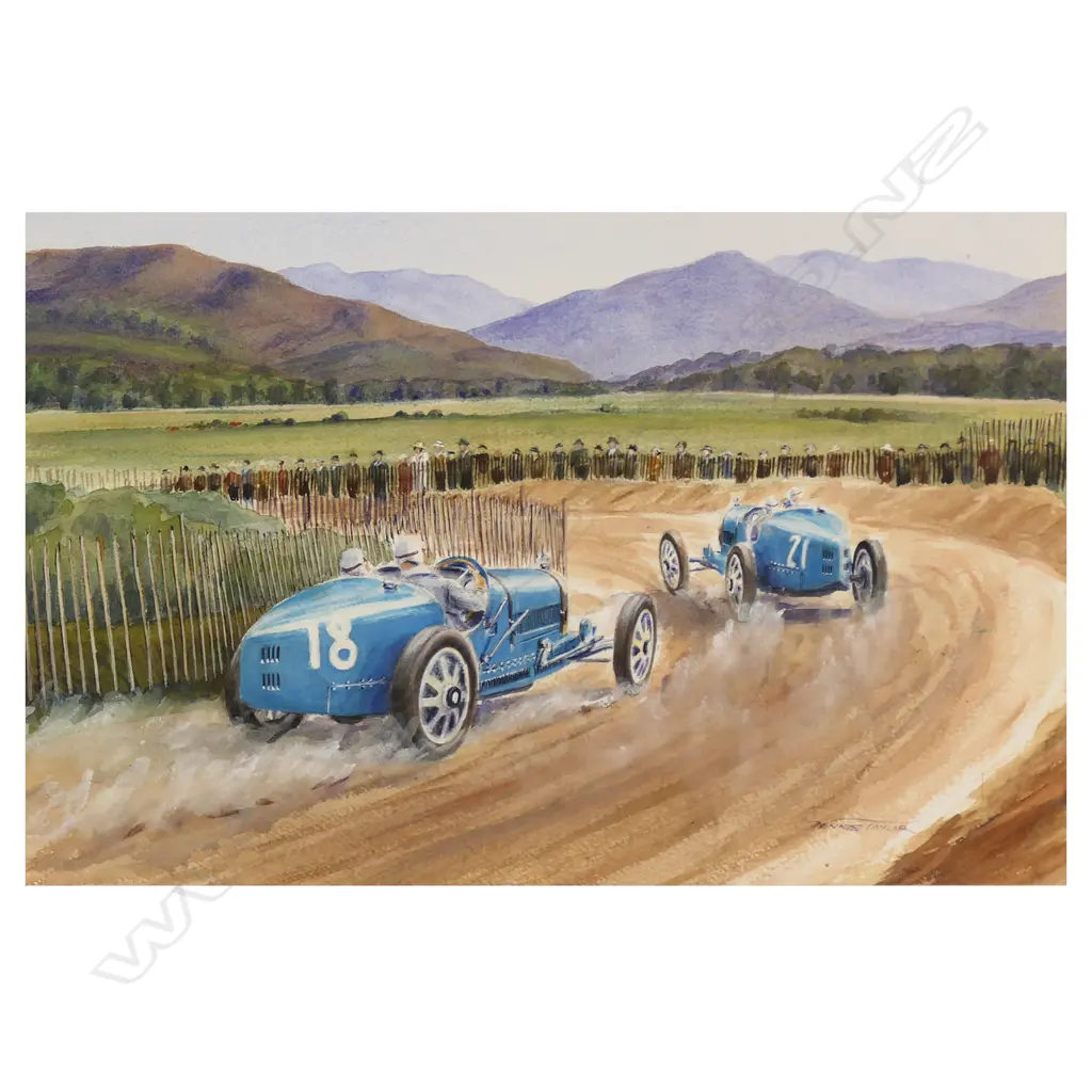 Dennis Taylor (NZ c.1950s) 1925 French Grand Prix featuring de Vuizcaya and Gamler in Bugattis, Image 1++