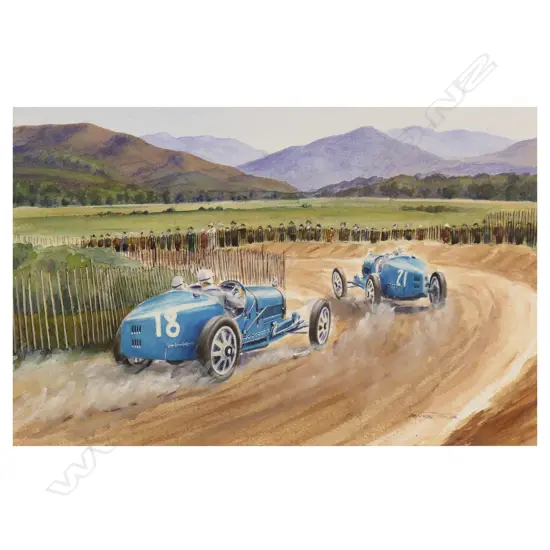 Dennis Taylor (NZ c.1950s) 1925 French Grand Prix featuring de Vuizcaya and Gamler in Bugattis,