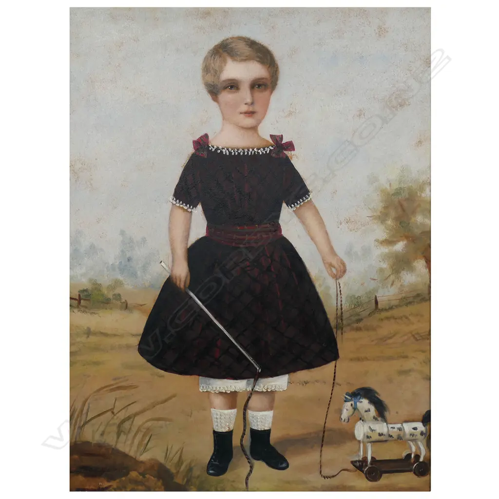 Artist unknown naive painting of a young girl with toy horse, Image 1++