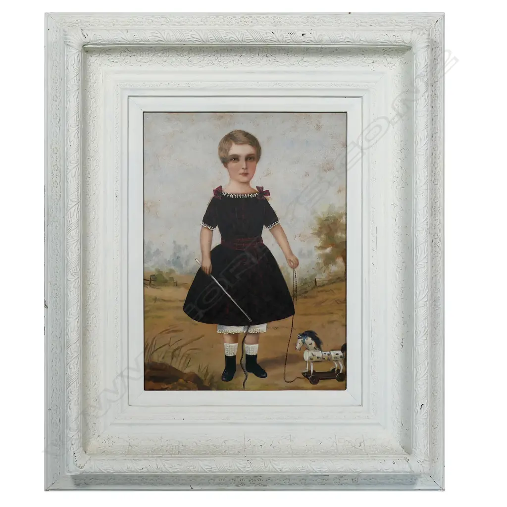 Artist unknown naive painting of a young girl with toy horse, Image 1++