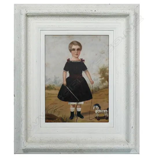Artist unknown naive painting of a young girl with toy horse,
