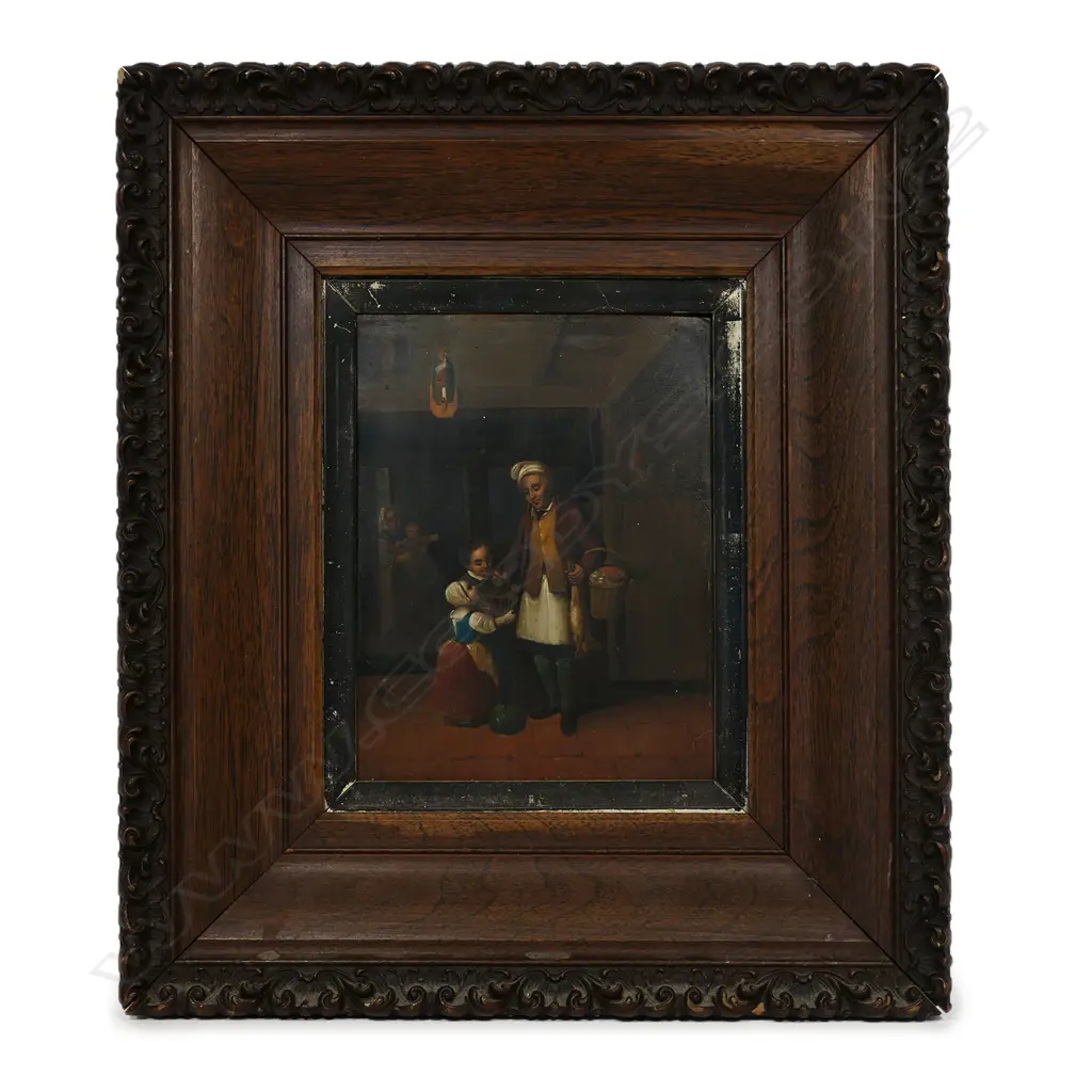 18thC Continental artist unknown 'Father Giving a Birdcage to Children', Image 1++