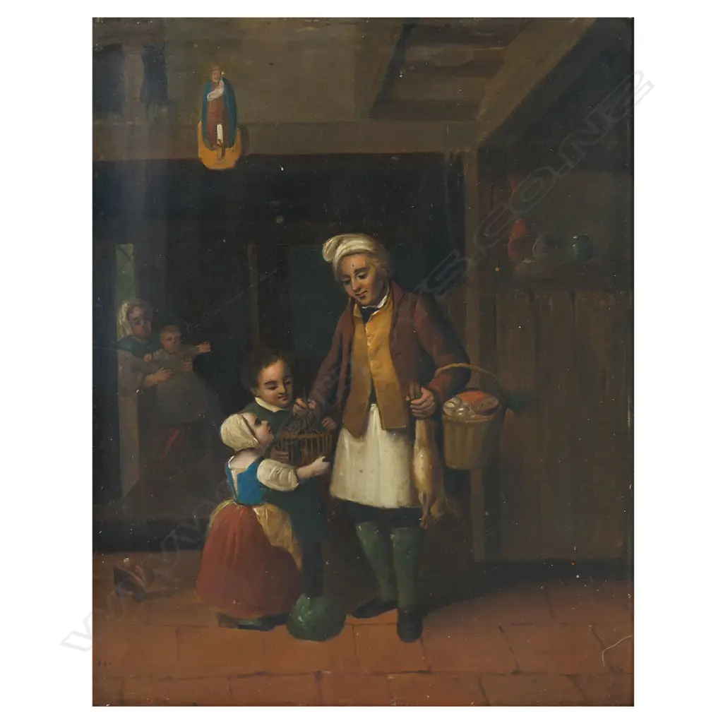 18thC Continental artist unknown 'Father Giving a Birdcage to Children', Image 1++