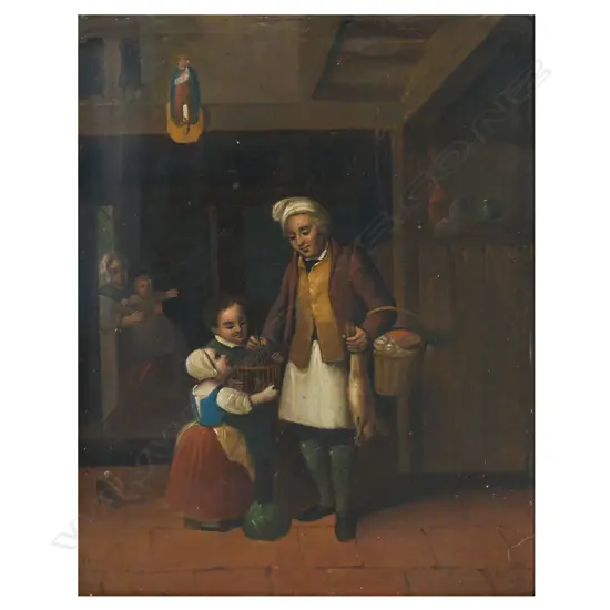 18thC Continental artist unknown 'Father Giving a Birdcage to Children',