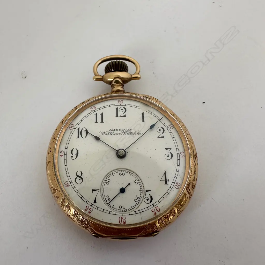 Rolled gold, open face pocket watch by the American Waltham Watch Co., Waltham, Mass. Image 1++