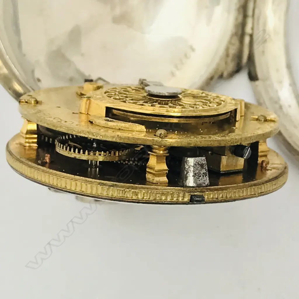 French early 19thC silver pocket watch, the case stamped DHD in a diamond with number 19338. Image 1++