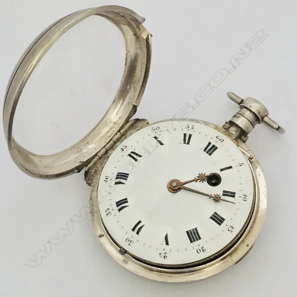 French early 19thC silver pocket watch, the case stamped DHD in a diamond with number 19338. Image 1++
