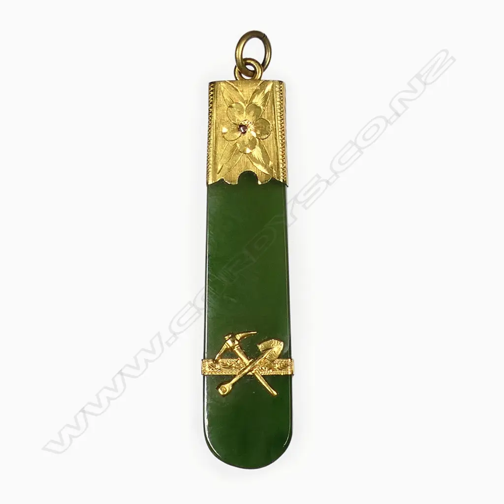 A c.1900 gilded gold and pounamu mining themed pendant, Image 1++