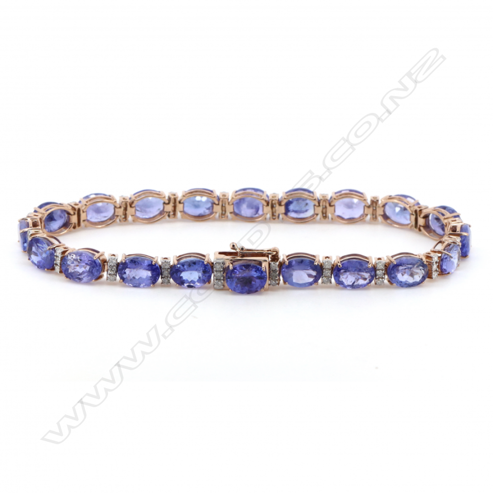 A 14ct rose gold tanzanite and diamond line bracelet, Image 1++