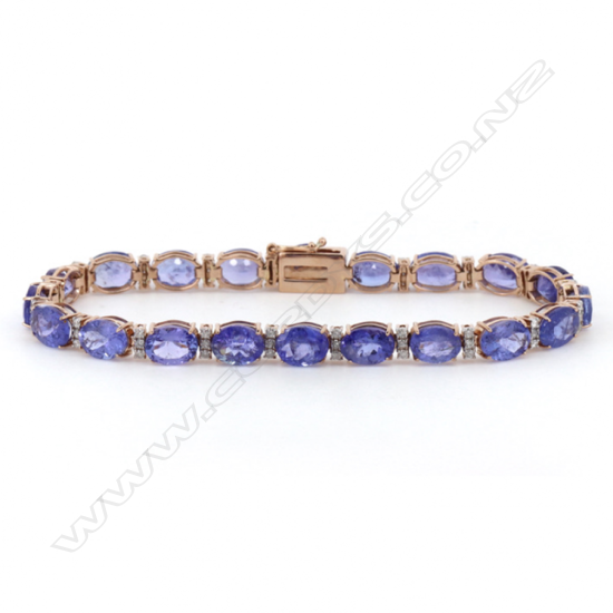 A 14ct rose gold tanzanite and diamond line bracelet,