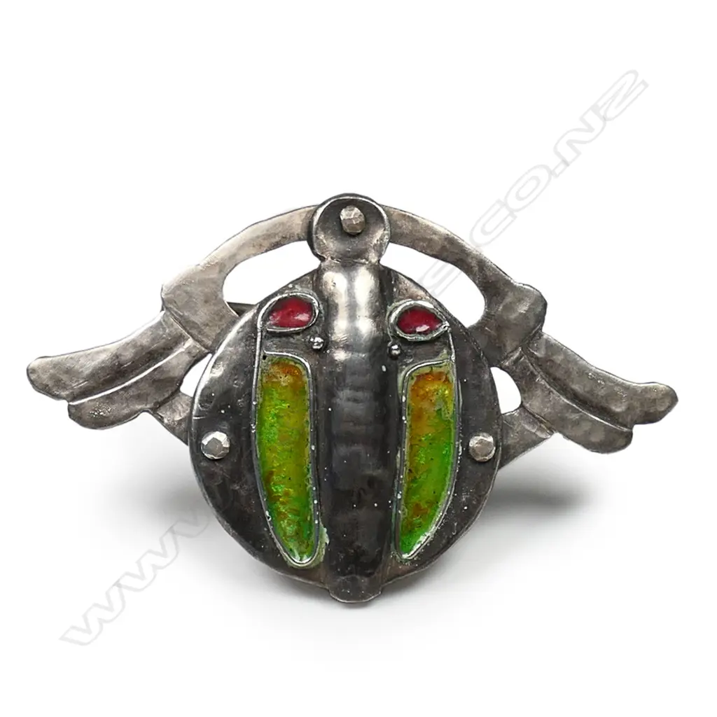 A Frances McNair née Macdonald - attributed (Glasgow School) rare silver and enamel stylized insect brooch, Image 1++
