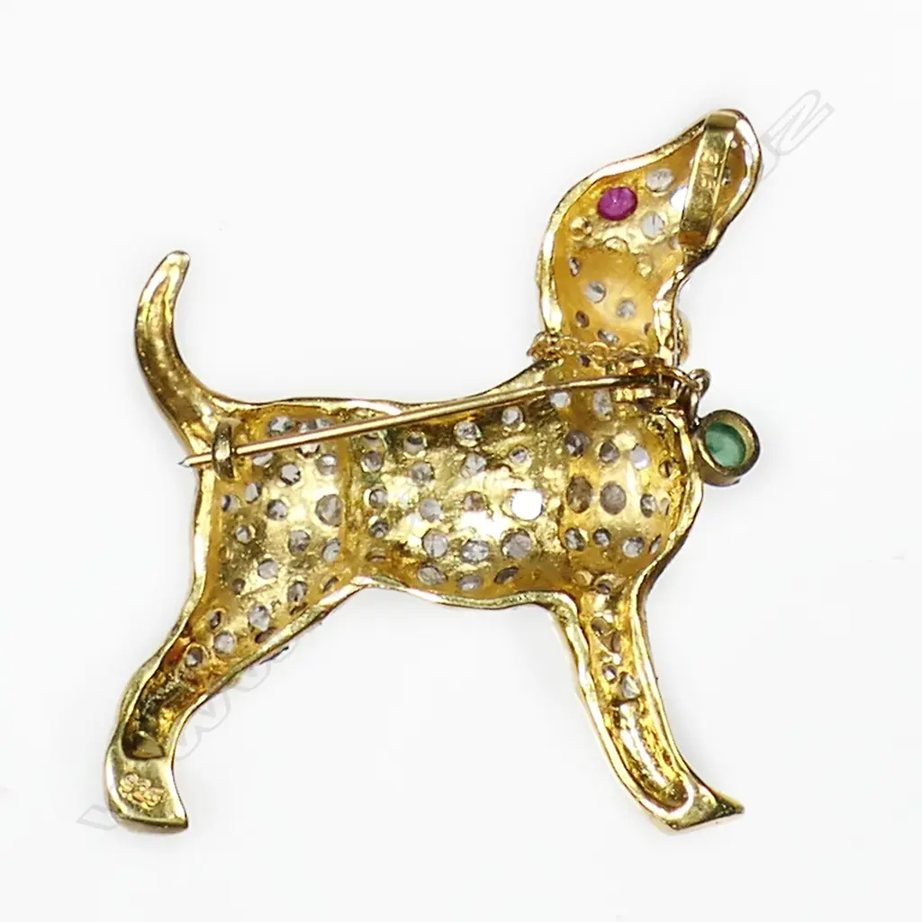 An antique style 9ct gold and diamond dog brooch, Image 1++