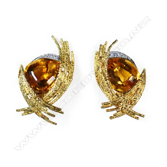 A pair of retro 18ct gold diamond and citrine earrings,