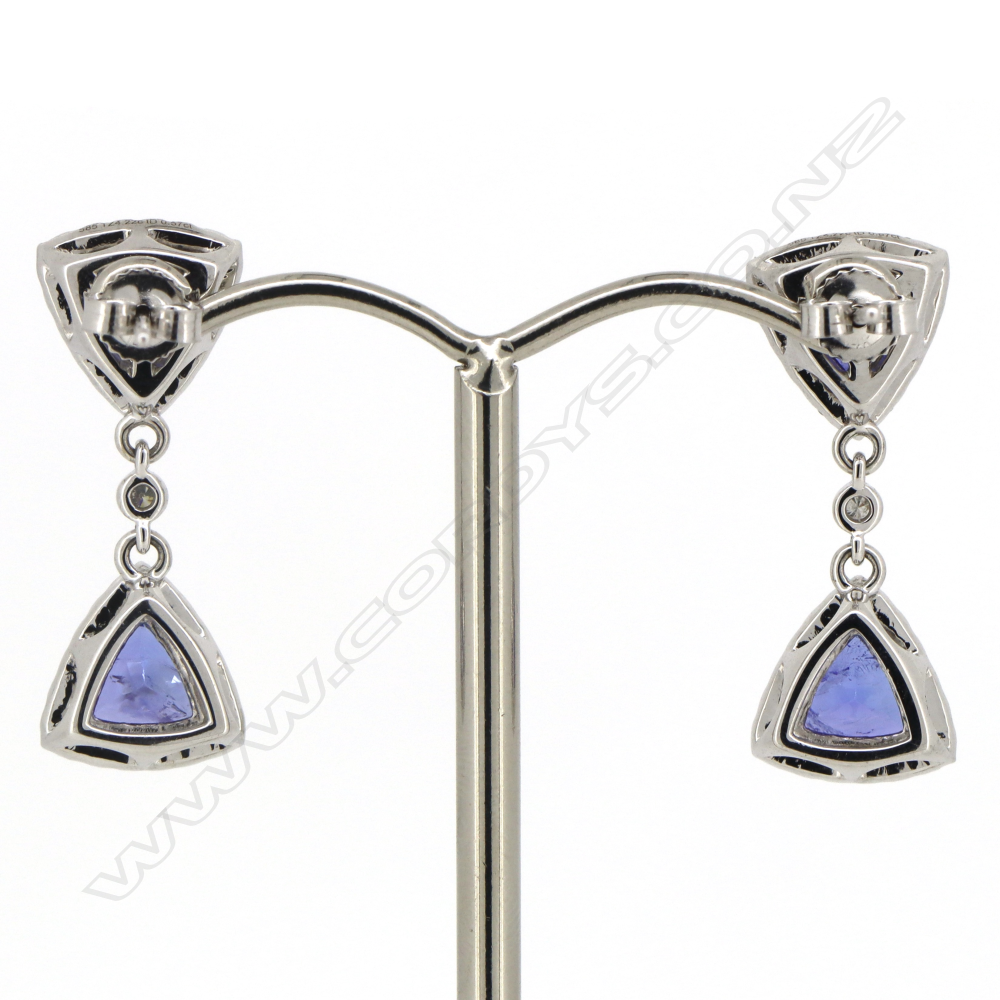 A pair of 14ct white gold tanzanite and diamond double halo drop earrings, Image 1++