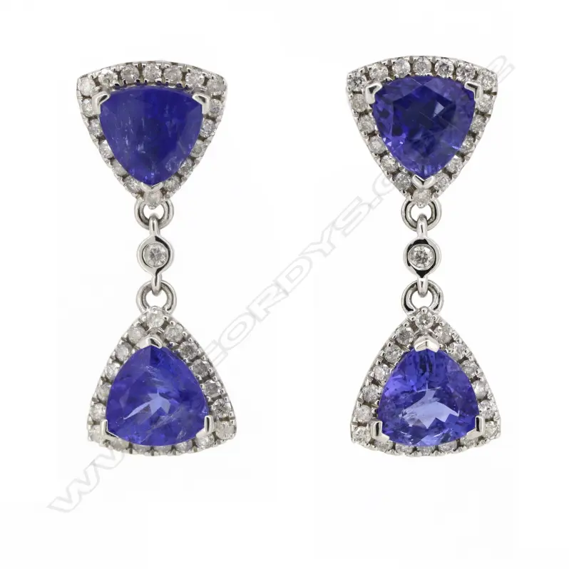 A pair of 14ct white gold tanzanite and diamond double halo drop earrings, Image 1++