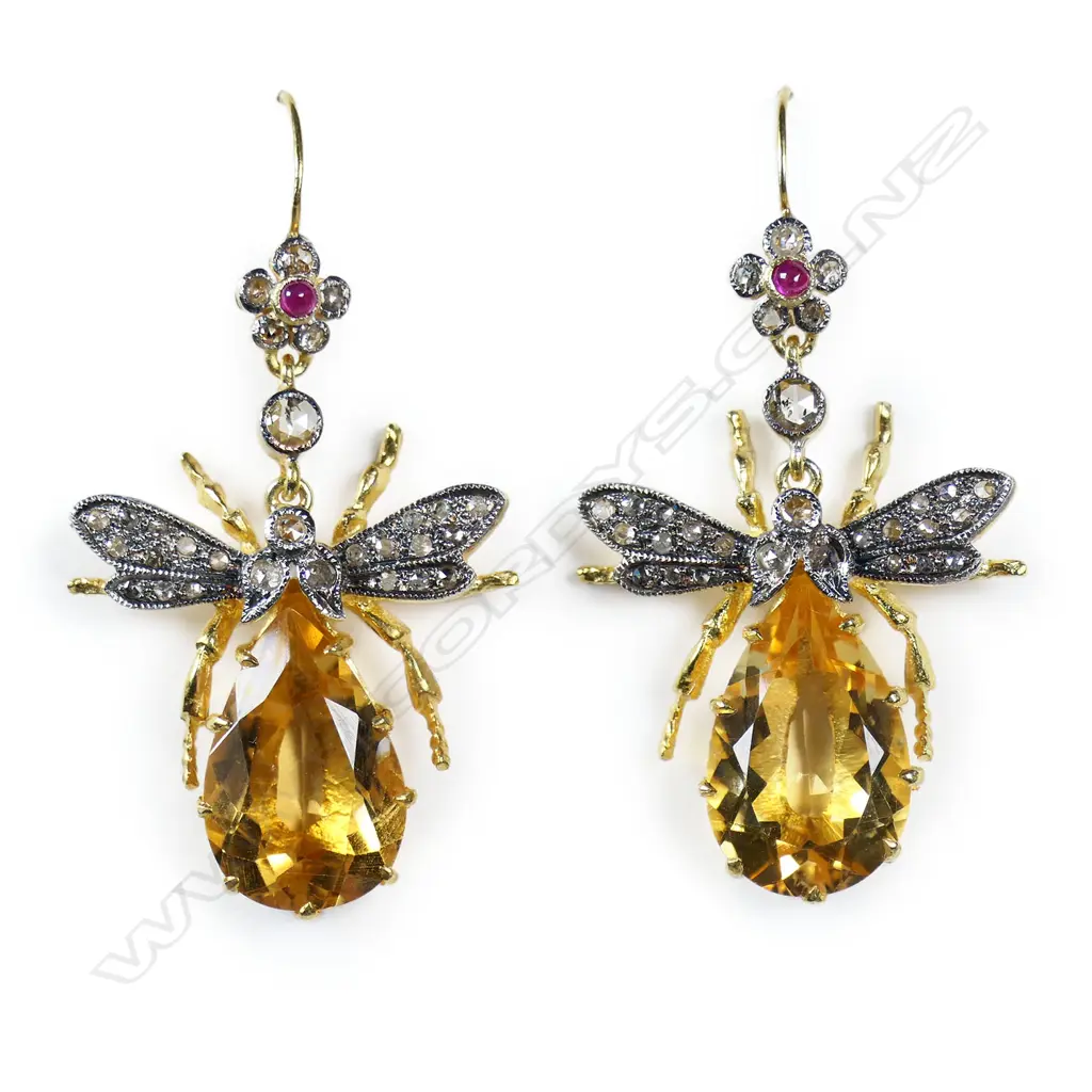 A pair of antique style silver gilt diamond and citrine bee earrings, Image 1++