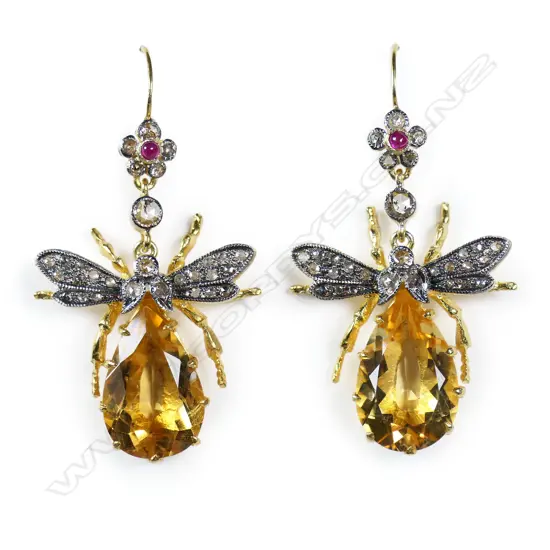 A pair of antique style silver gilt diamond and citrine bee earrings,